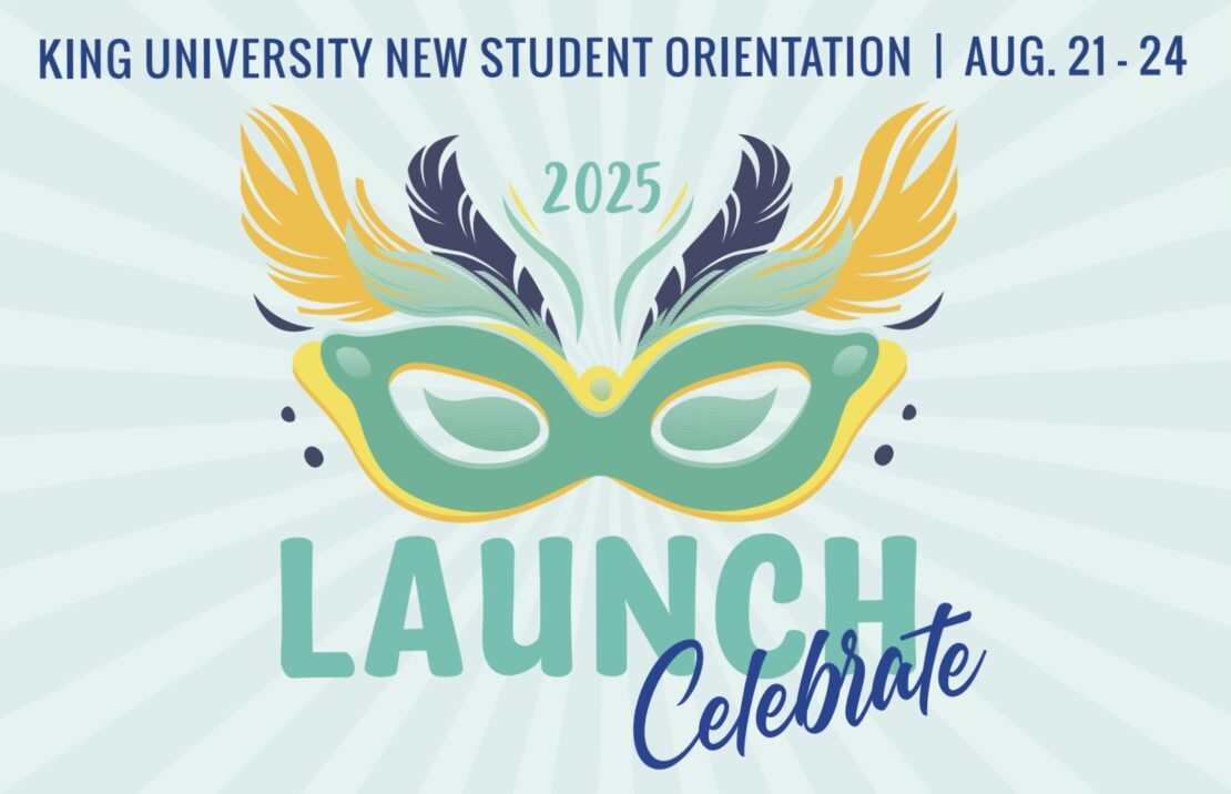 A colorful mask with yellow and blue feathers above the words “2025 Launch Celebrate.” At the top, text reads “King University New Student Orientation | Aug. 21-24.” Light rays radiate from the background.